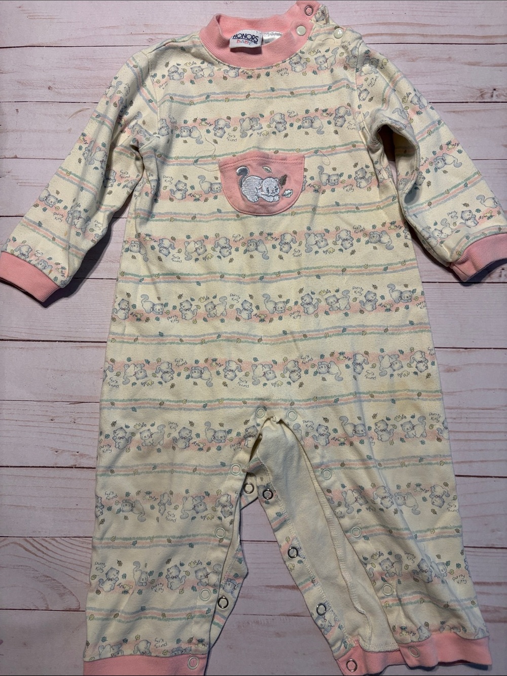 1990’s Honors Baby Cream and Pink kitten 1pc outfit snap closure with pocket